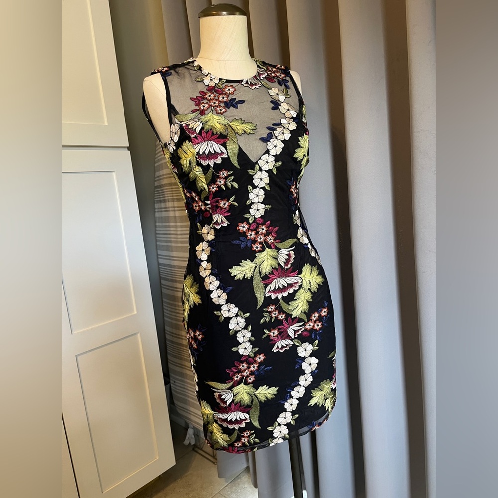 Bardot Black Embroidered Floral Sheath Dress | Mesh Overlay Cocktail